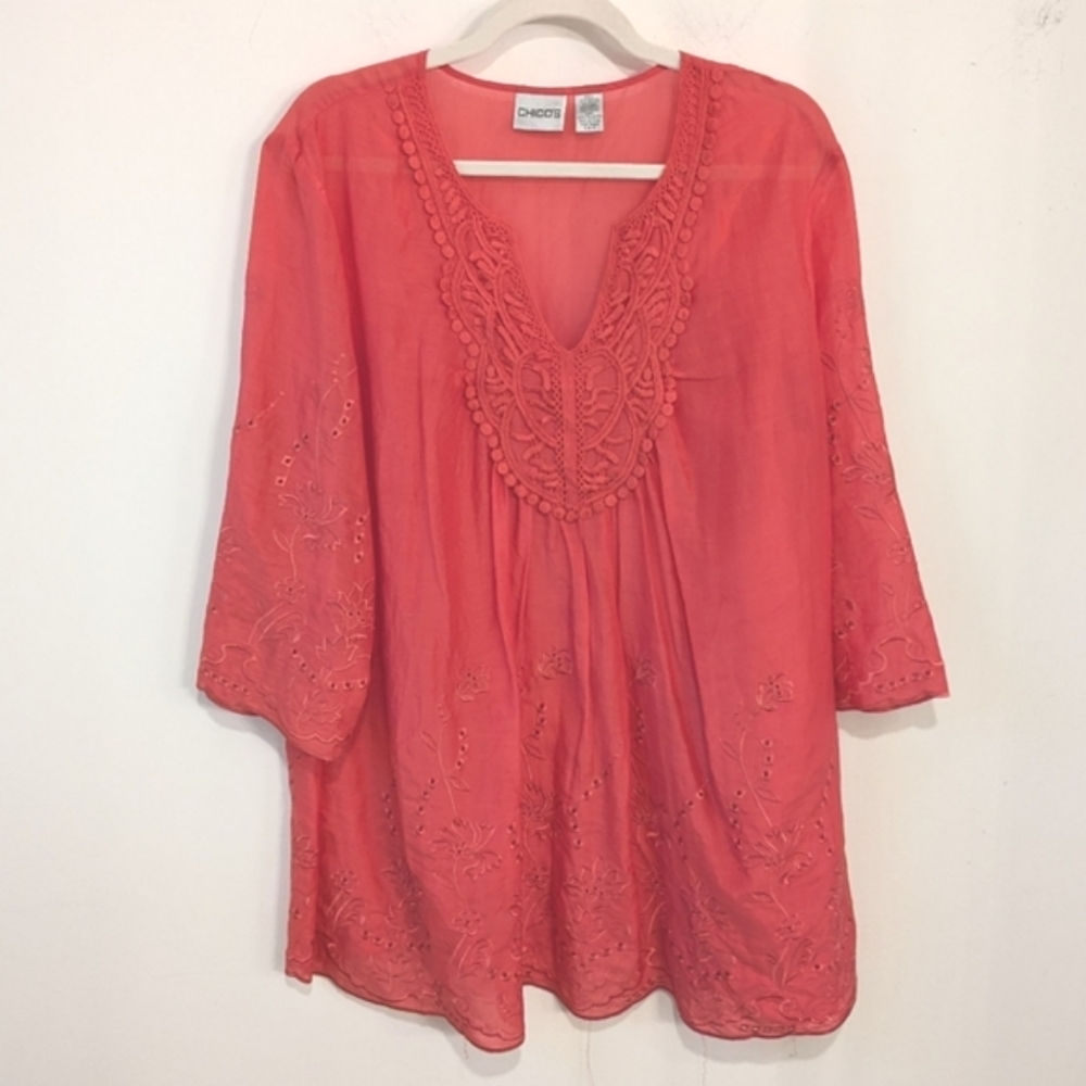 Chico's Pink Embroidered Cotton Silk Tunic Split Neck Shirt